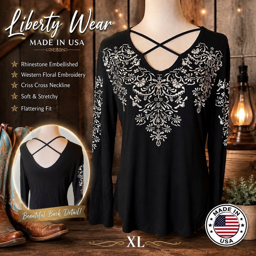 Liberty Wear XL Black Rhinestone Embroidered Top Criss Cross Western Made USA